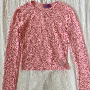 Edikted Estella Sheer Lace Crop Top  (Womens Pink Lace Long Sleeve) Size S